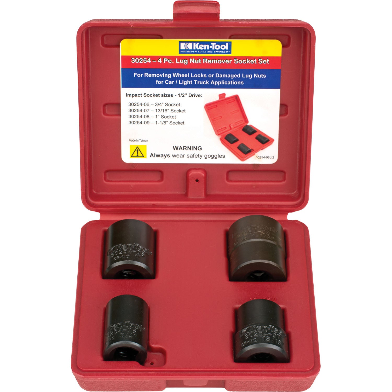 Ken-Tool 30254 4 pc Lug Nut Removal Impact Socket Set with Case 1/2" Dr