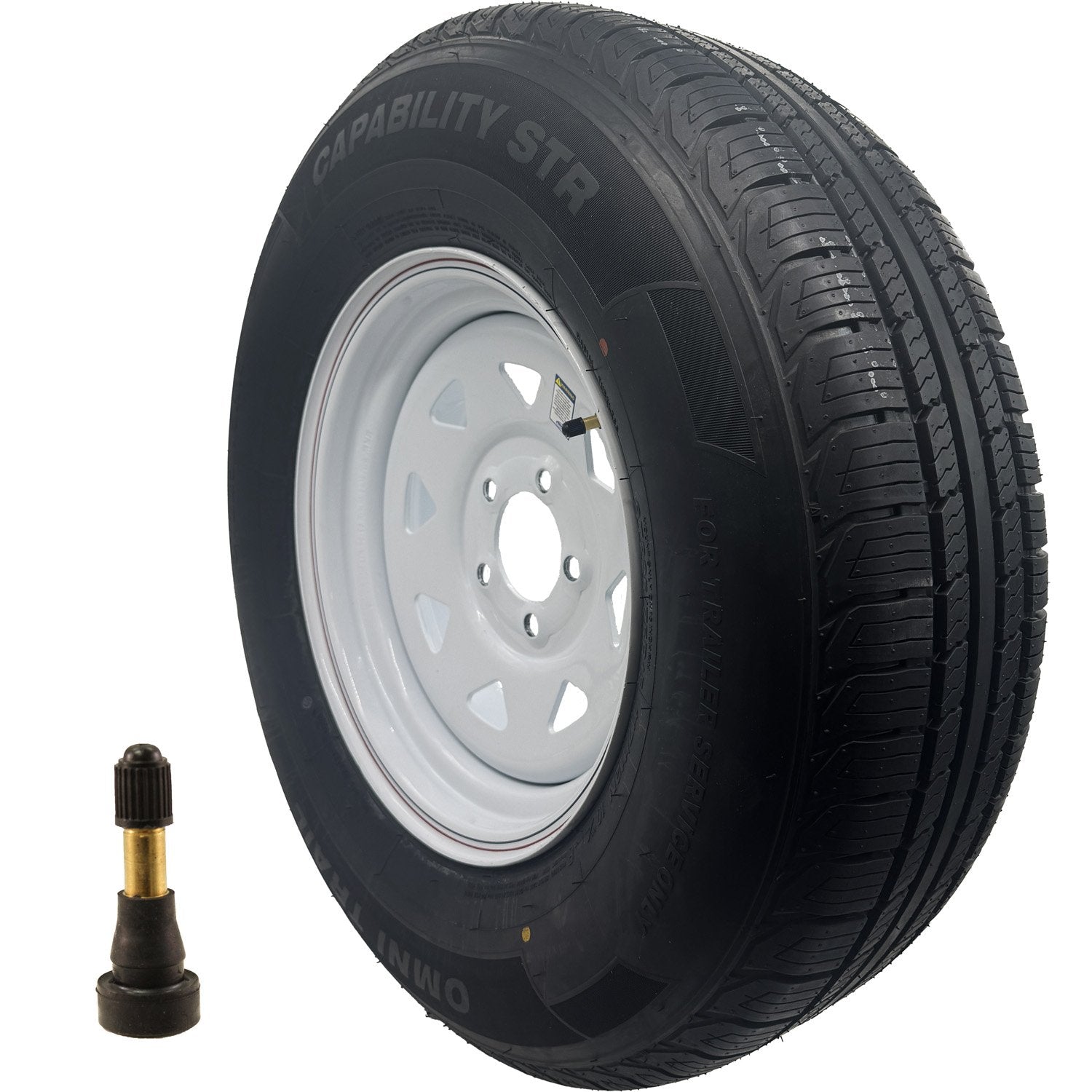 Omni Trail Capability STR 225/75R15 LRE 10 Ply Trailer Tire on a 5 on 4.5 Spoked Wheel