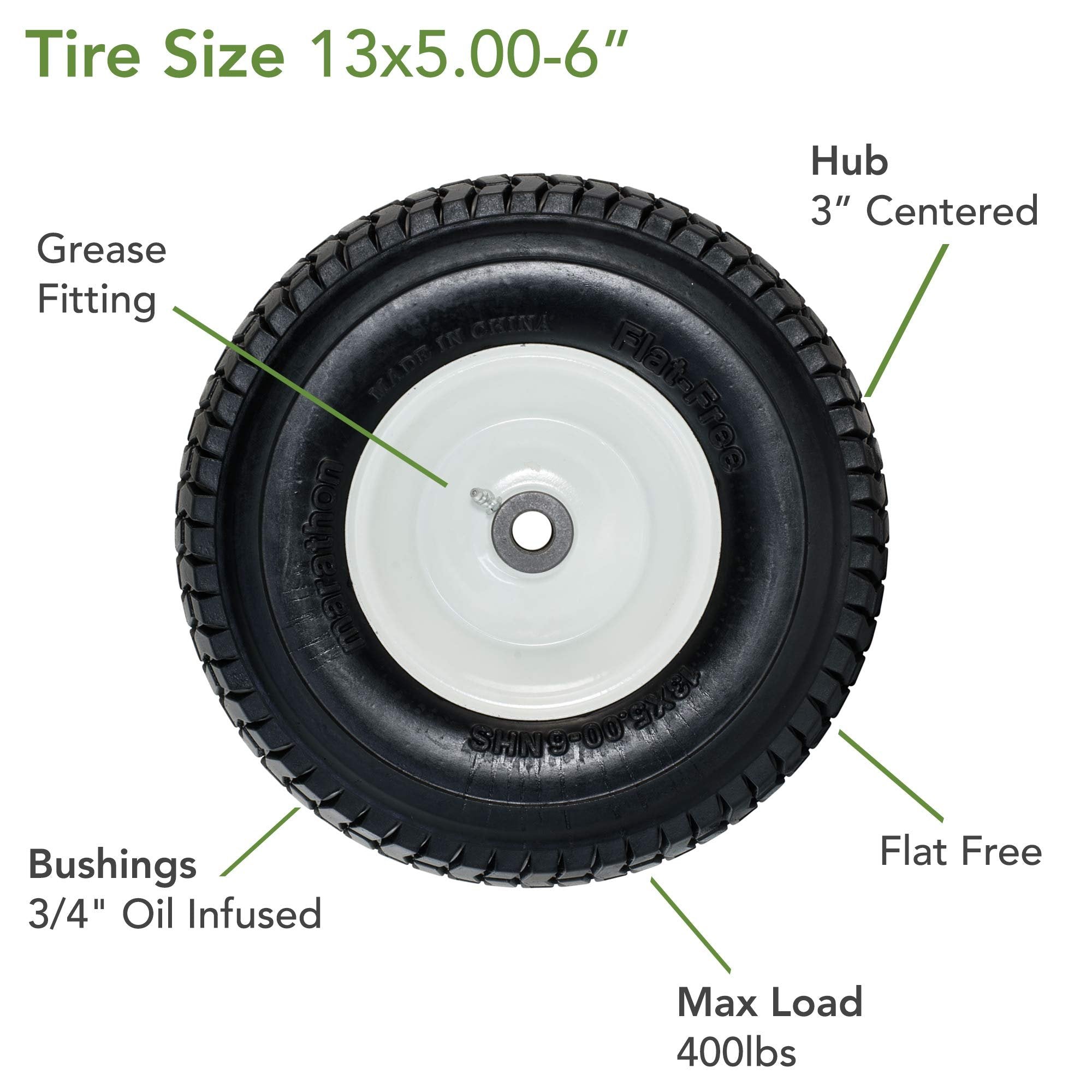 Marathon 30326 Flat Free Lawn Mower Tire on Rim with Bushing 13x5.00-6