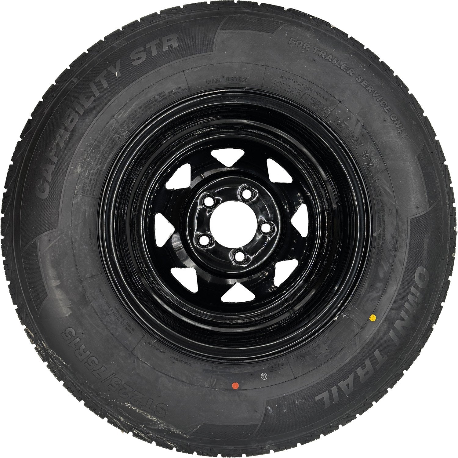 Omni Trail Capability STR 225/75R15 LRE 10 Ply Trailer Tire on a 5 on 4.5 Black Spoked Wheel