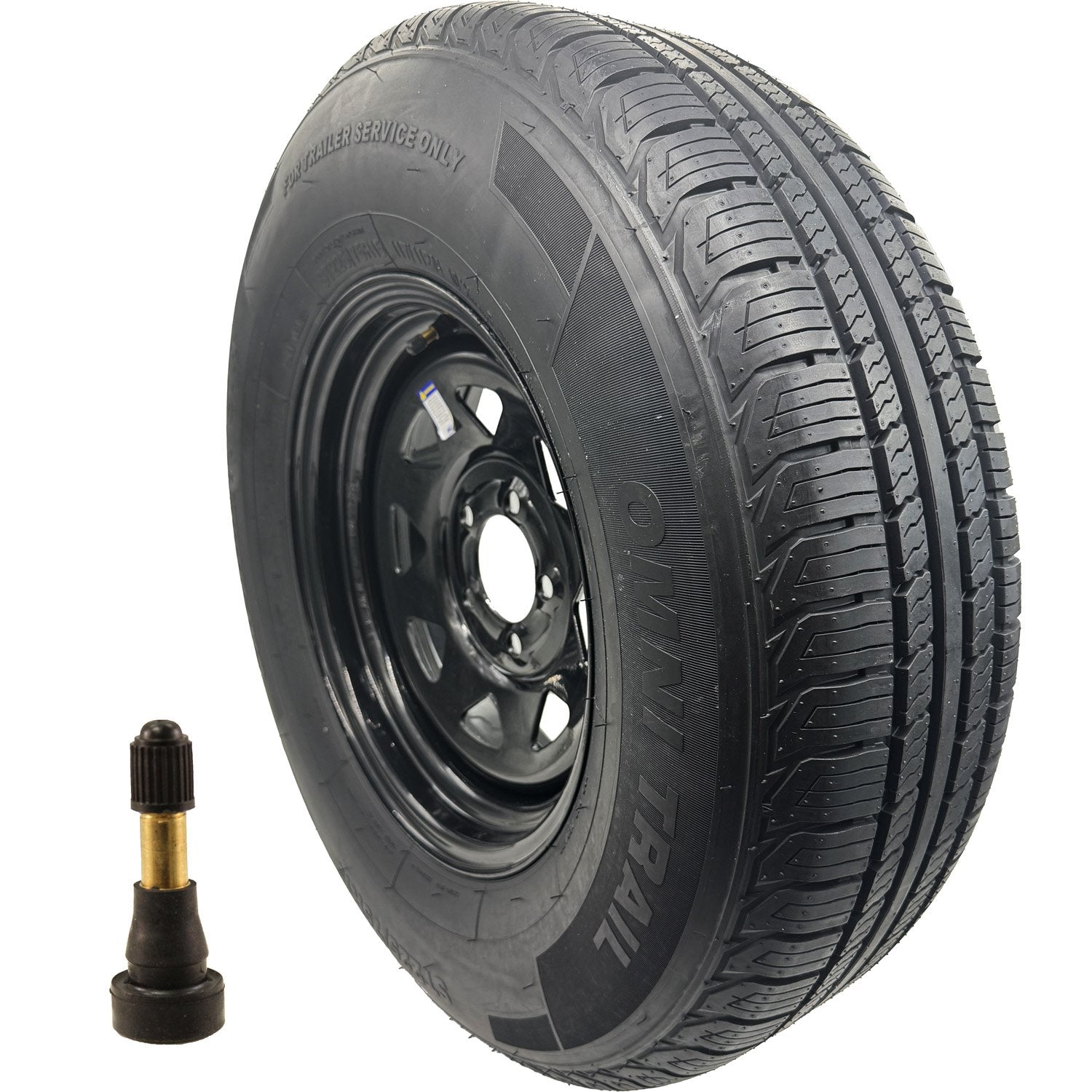 Omni Trail Capability STR 225/75R15 LRE 10 Ply Trailer Tire on a 5 on 4.5 Black Spoked Wheel