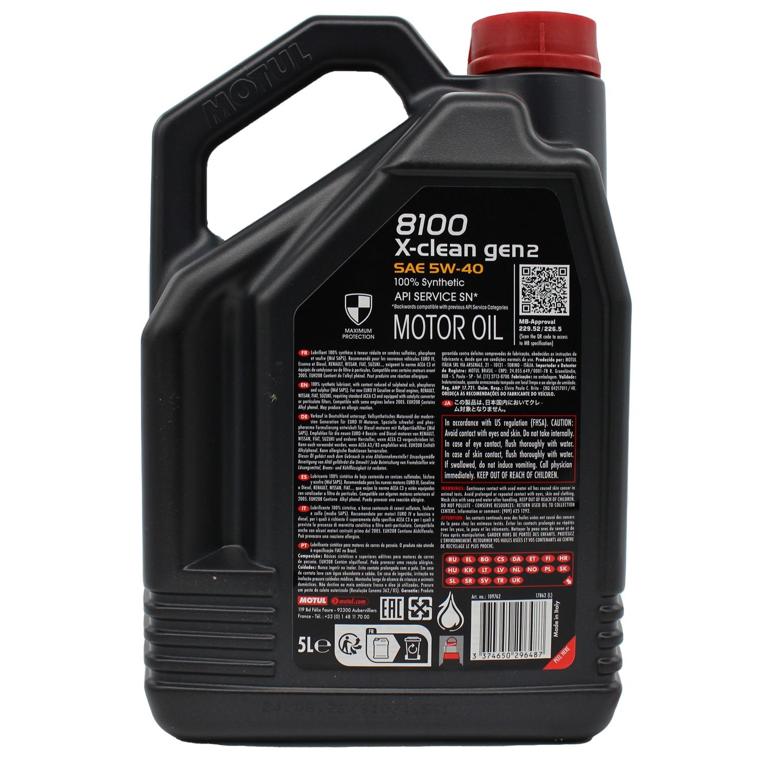 Motul 8100 X-Clean GEN2 Synthetic Motor Oil 5W40 - 5 Liter