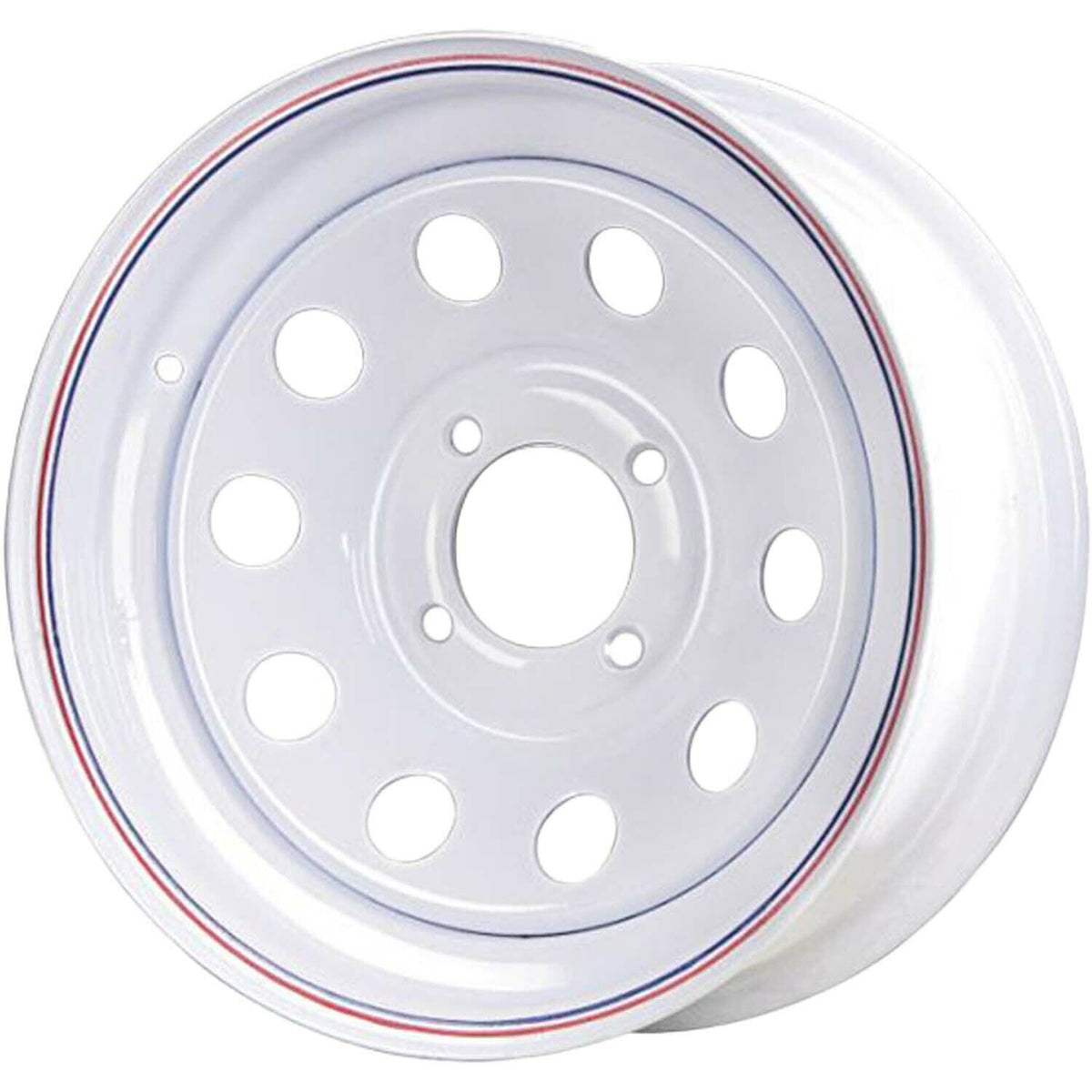 Llanta Carlisle modular de acero para remolque, 12x4, 4 en 4, color blanco con rayas.