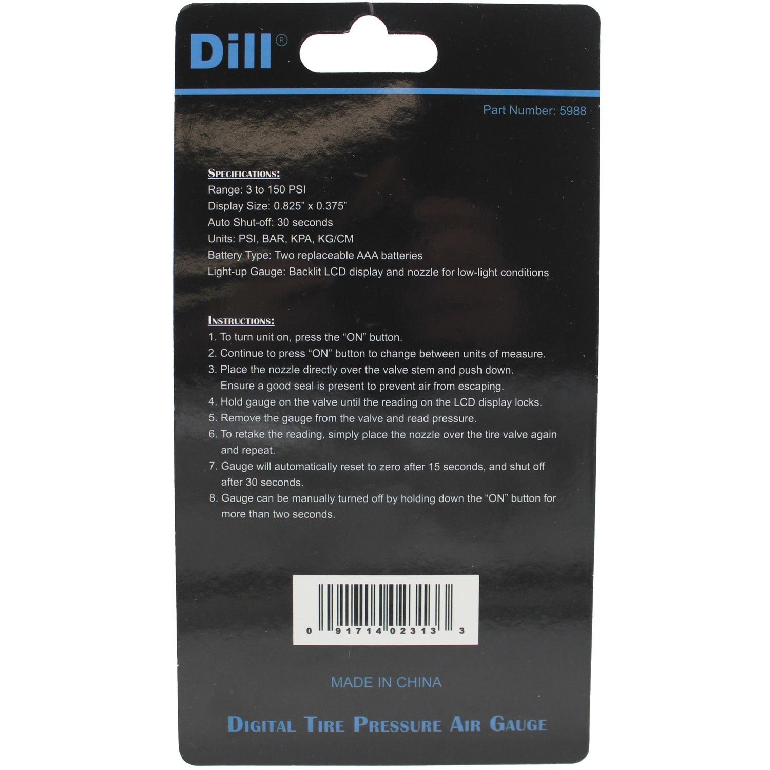 Dill 5988 Back Lit Digital Tire Gauge 0-100PSI CARB Compliant