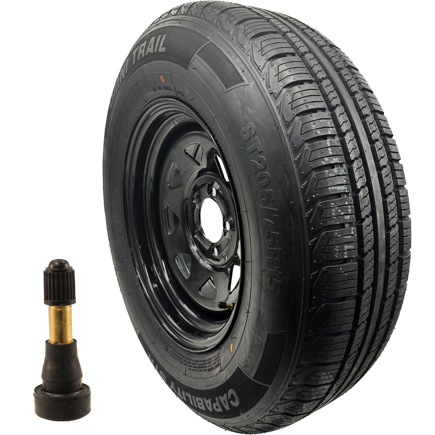 Omni Trail Capability STR 205/75R15 LRD 8 Ply Trailer Tire on a 5 on 4.5 Black Spoked Wheel