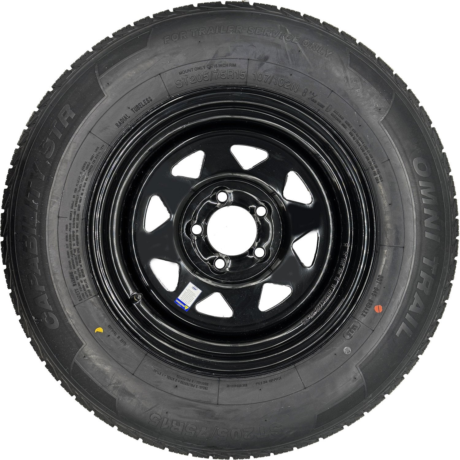 Omni Trail Capability STR 205/75R15 LRD 8 Ply Trailer Tire on a 5 on 4.5 Black Spoked Wheel