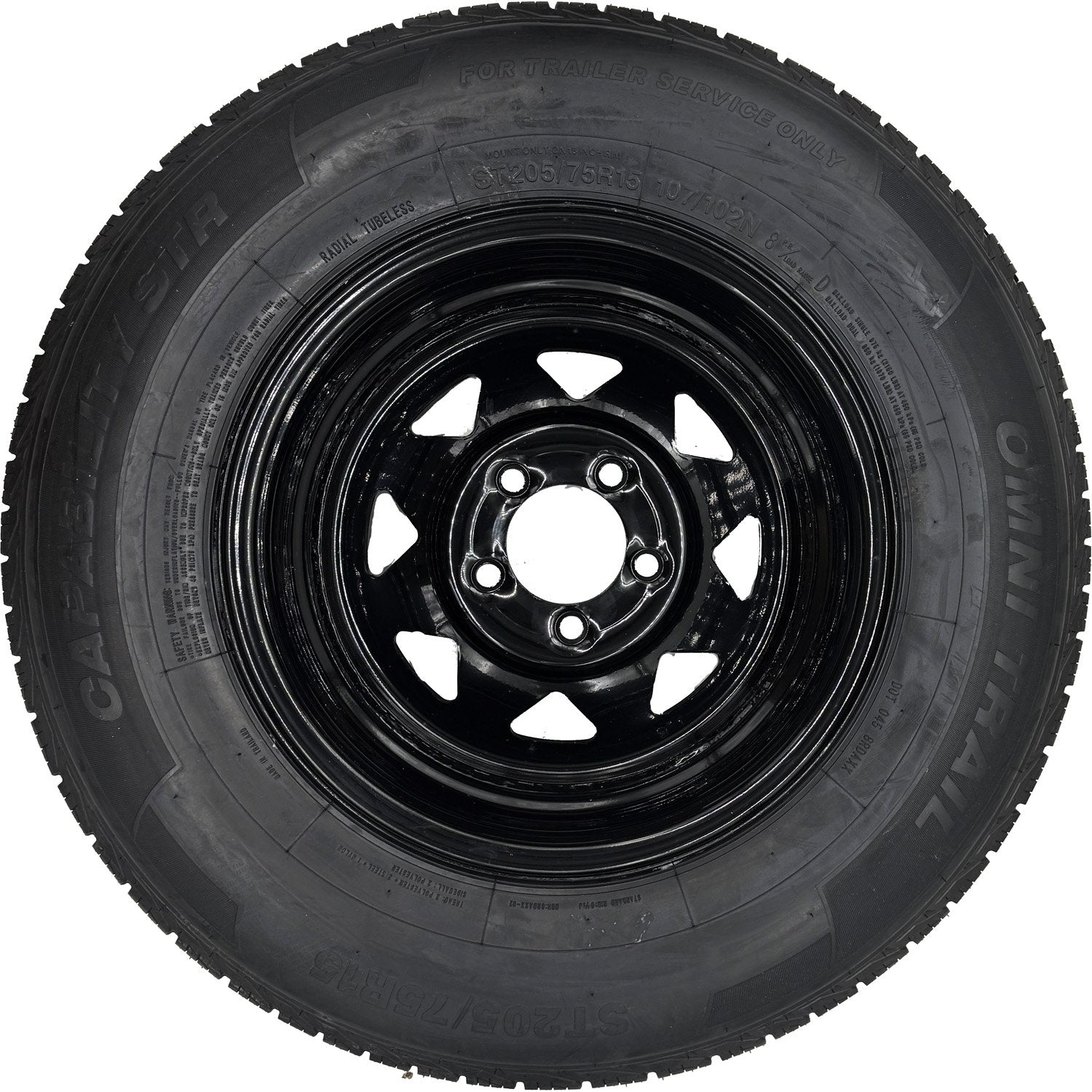 Omni Trail Capability STR 205/75R15 LRD 8 Ply Trailer Tire on a 5 on 4.5 Black Spoked Wheel