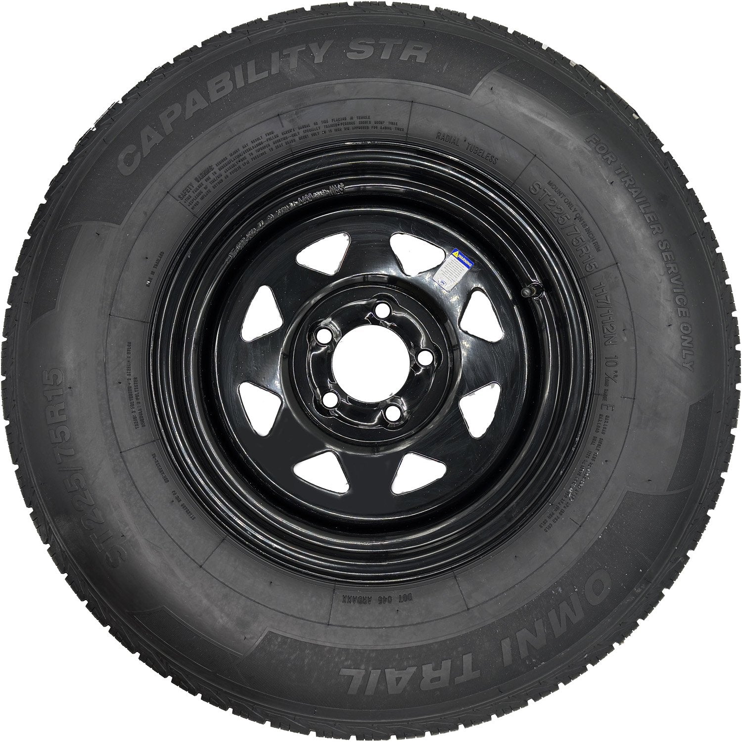 Omni Trail Capability STR 225/75R15 LRE 10 Ply Trailer Tire on a 5 on 4.5 Black Spoked Wheel