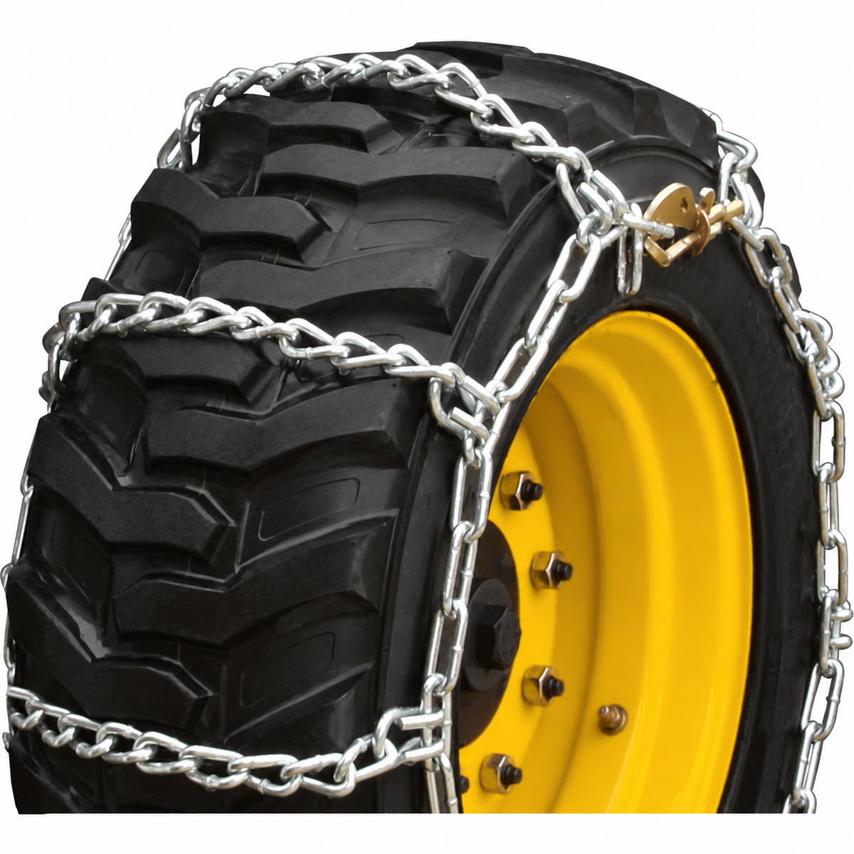 SCC QG0111 forklift tire chains installed on a black tire with a yellow wheel