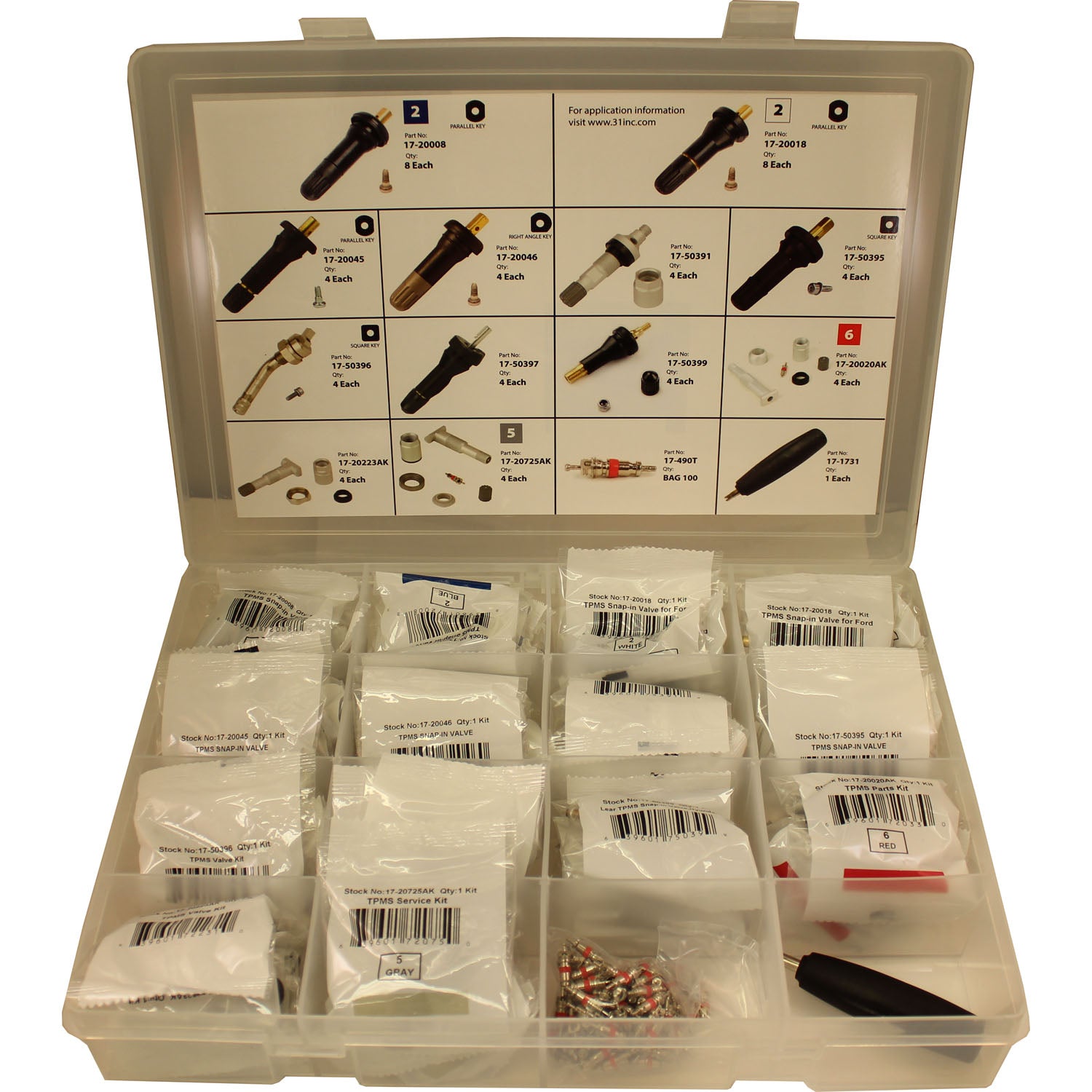 31 Inc 17-21307 TPMS Valve Assortment Kit with Valve Cores and Torque Tool
