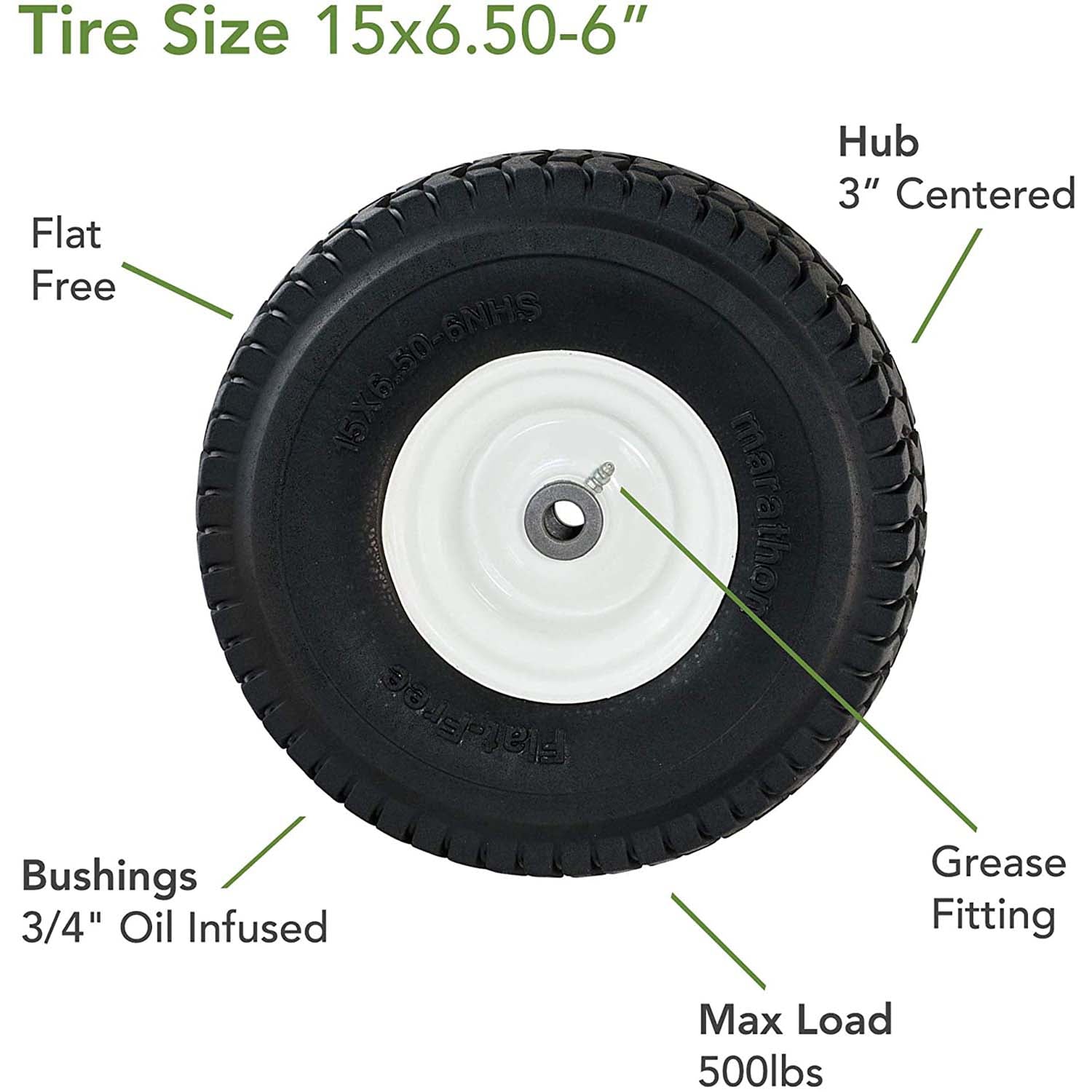 Marathon 30426 Flat Free Turf Lawn and Garden Tire on Rim 15x6.50-6 Pack of 2