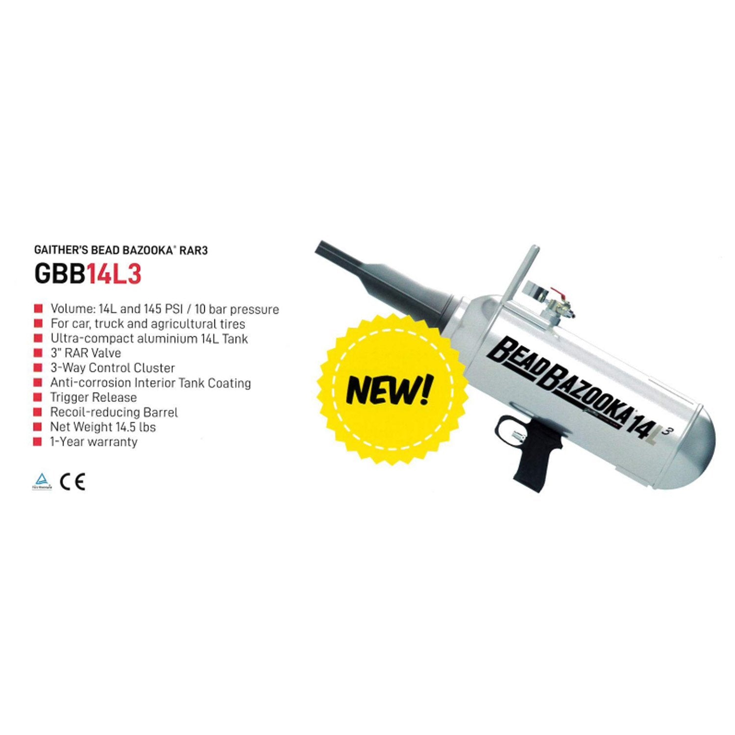 Gaither GBB14L3 Bead Bazooka 14 Liter Bead Seater with 3" RAR Valve