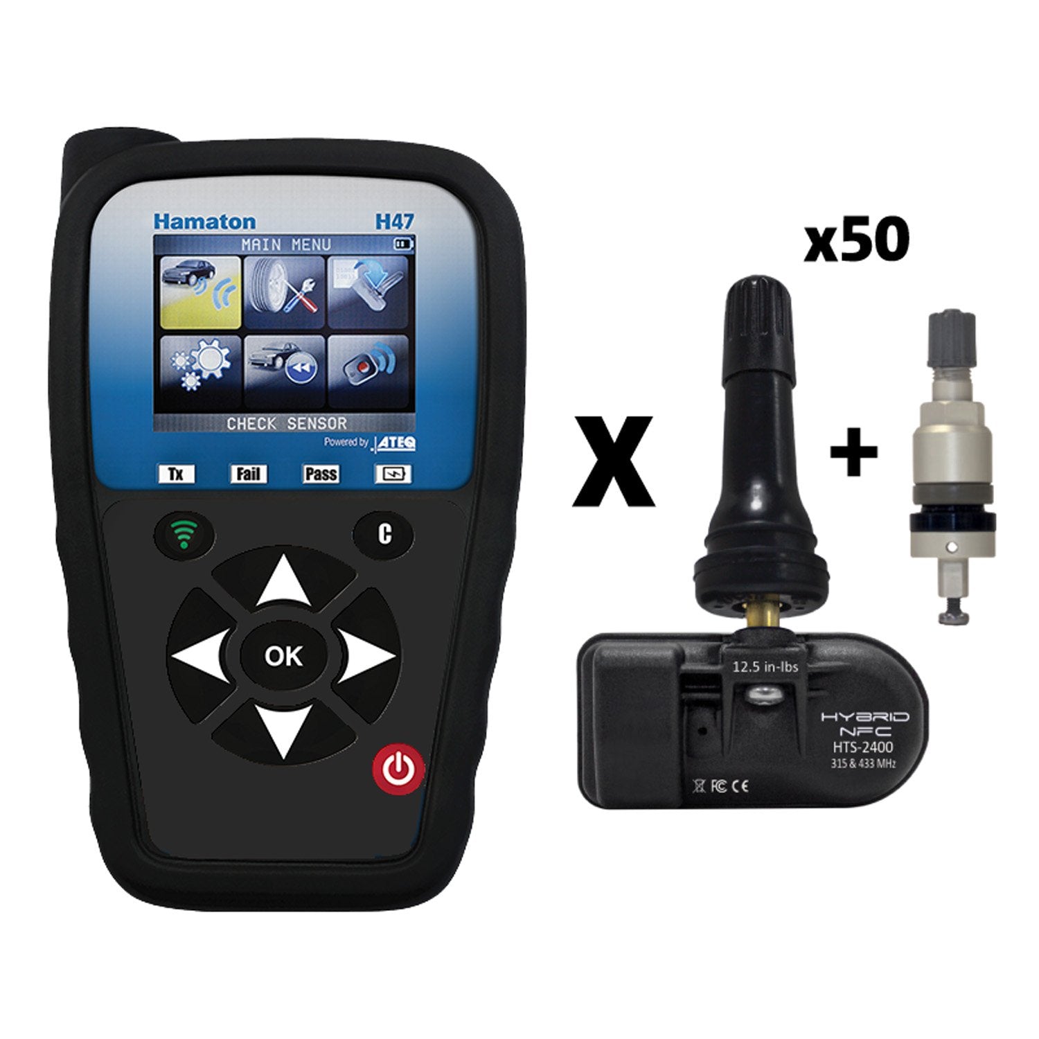 Hamaton H47 TPMS Diagnostic Tool and 50 HTS-A78ED U-Pro Universal Sensor With Dual Valves