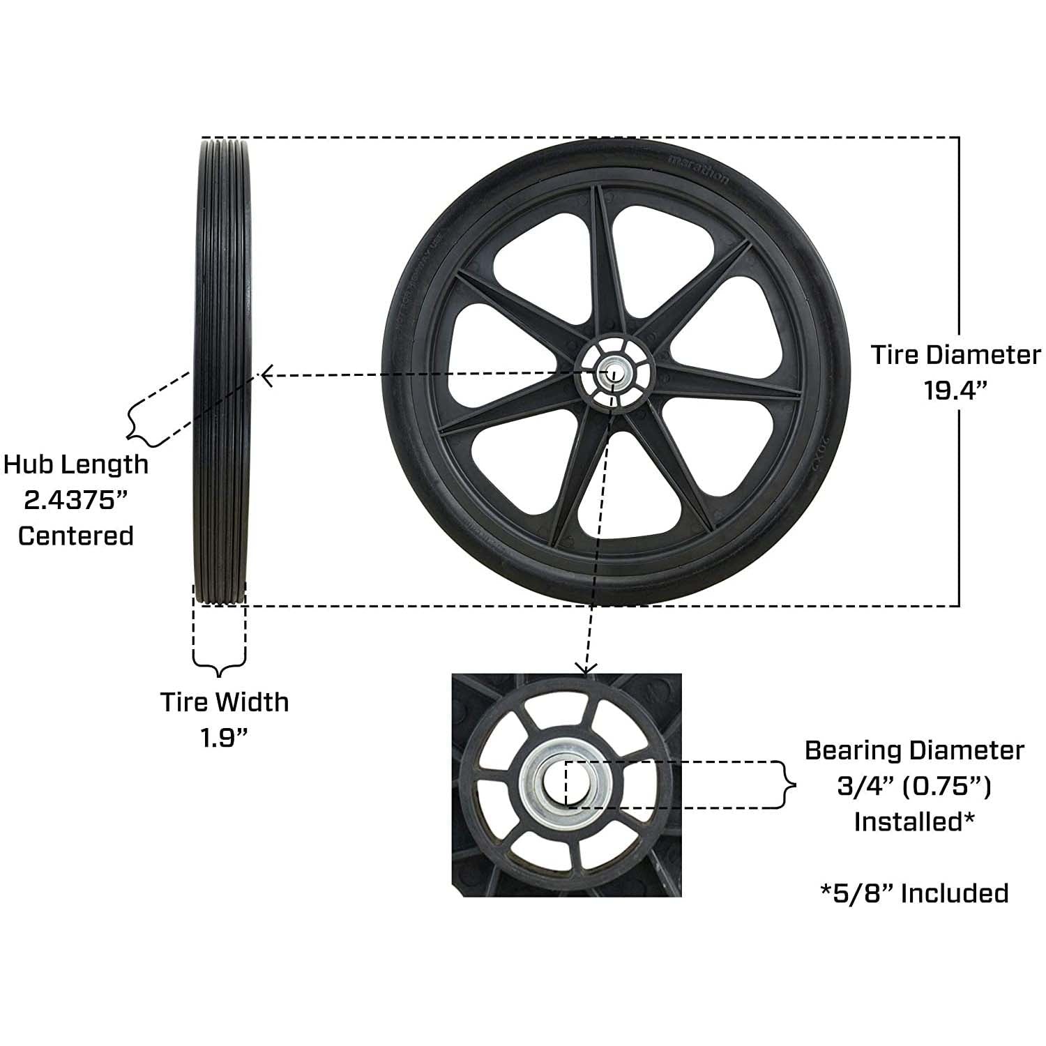 Marathon 92001 Flat Free Ribbed Garden Cart Tire on Rim 20x2 Pack of 2