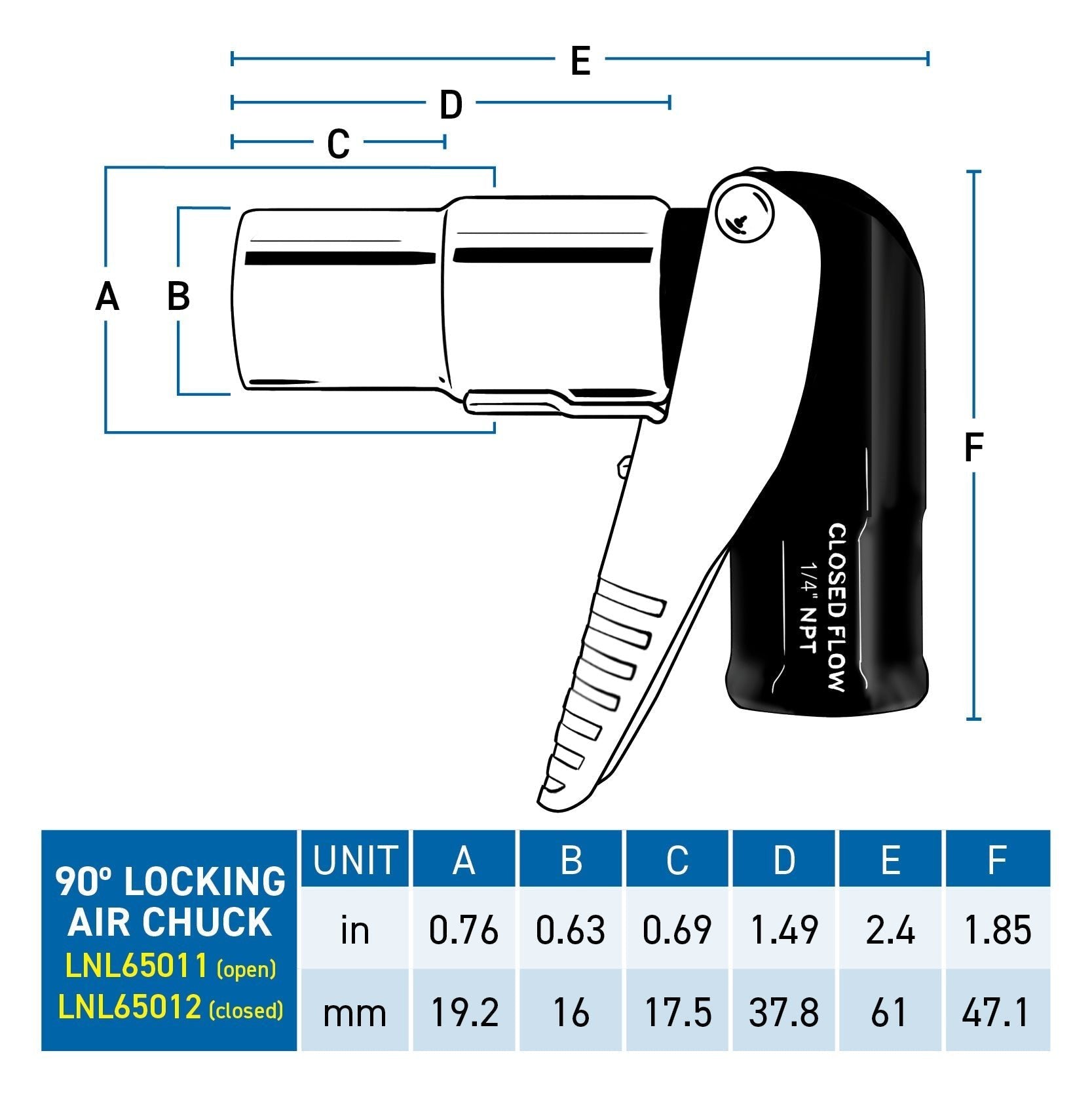 LockNFlate 90 Degree Locking Air Chuck 150PSI - Closed Flow - 1/4" NPT