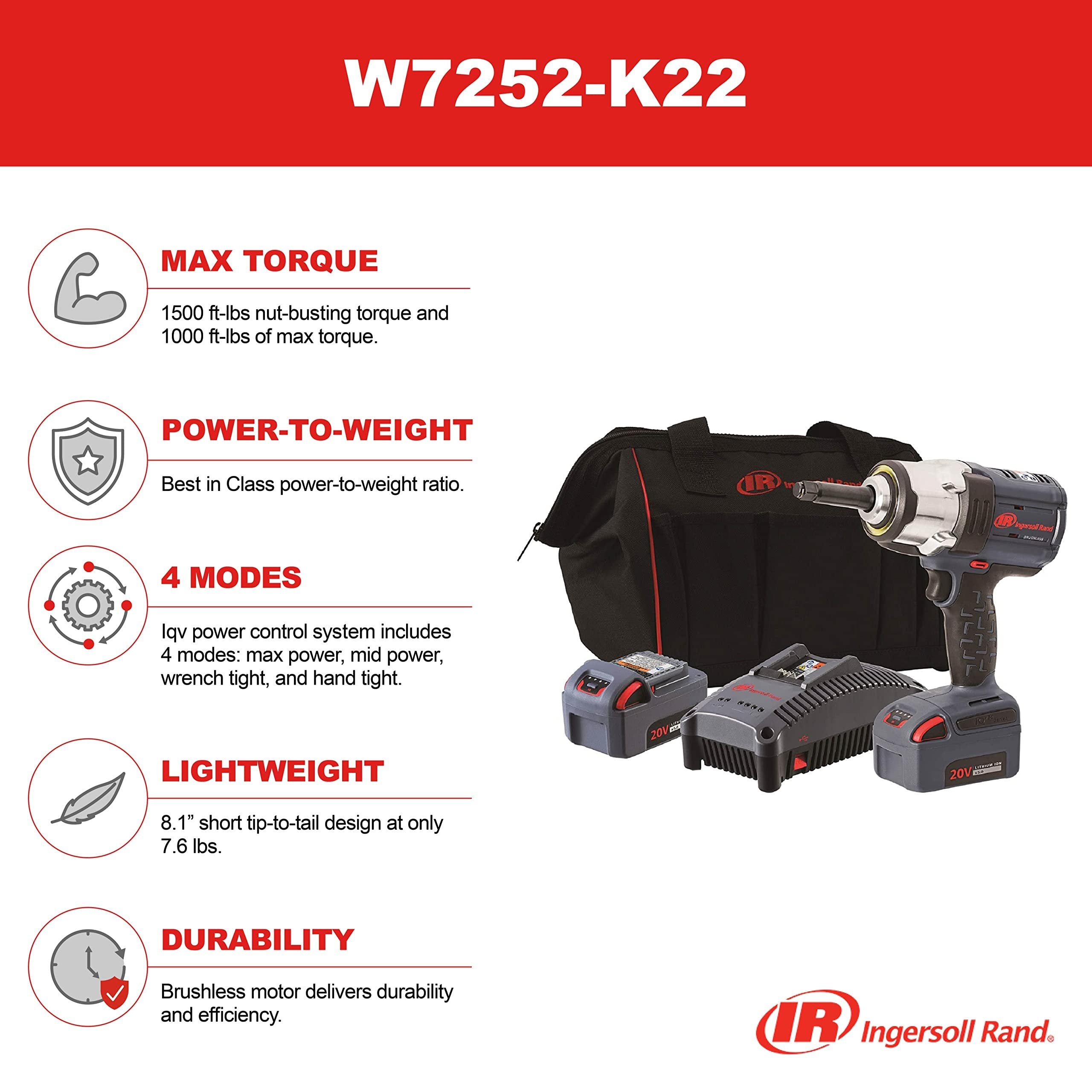 Ingersoll Rand W7252-K22 20V High-torque 1/2" Cordless Impact Wrench Kit