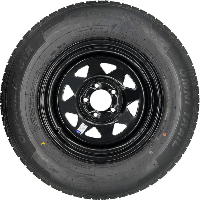 Omni Trail Capability STR 205/75R15 LRD 8 Ply Trailer Tire on a 5 on 4.5 Black Spoked Wheel
