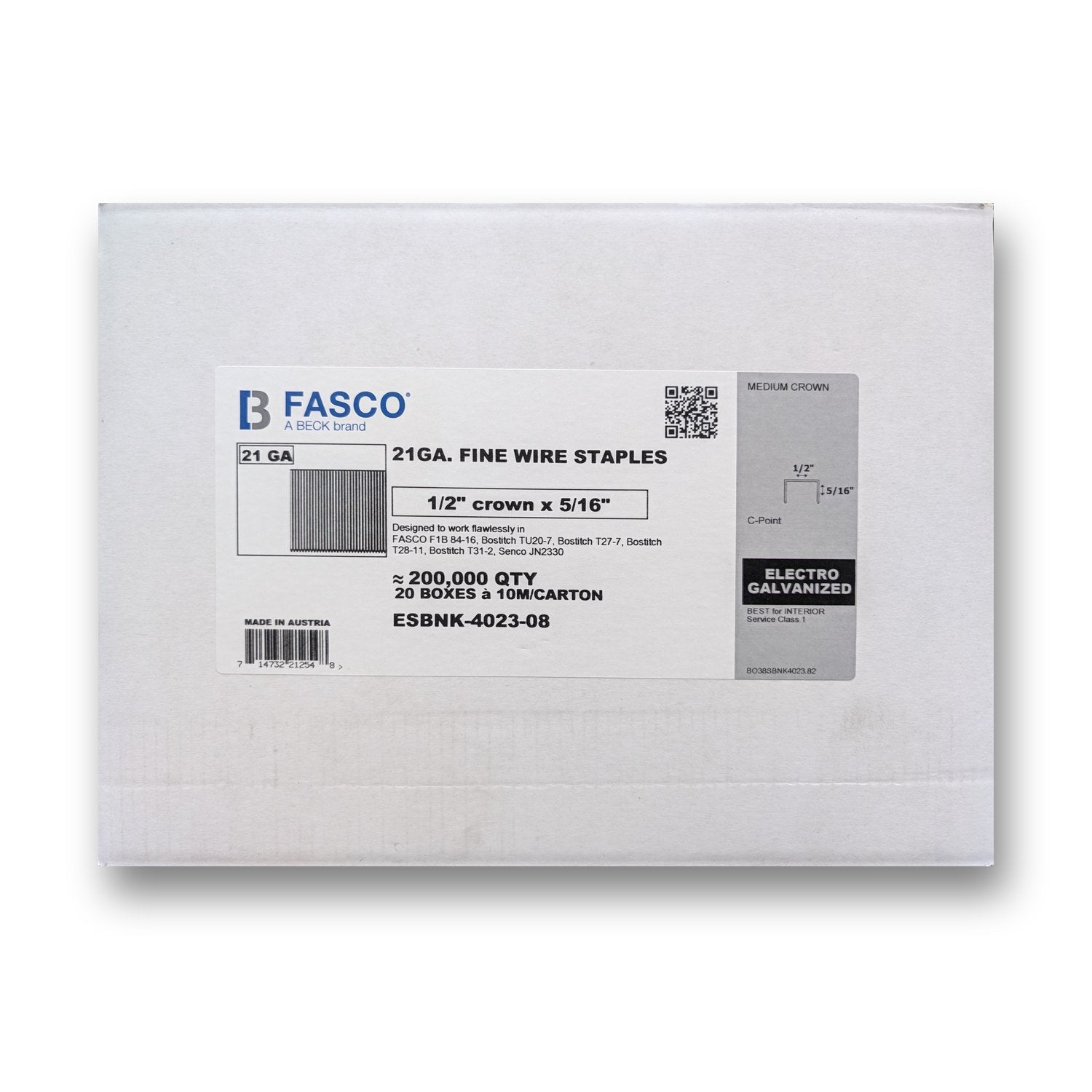 Fasco ESBNK-4023-08 21ga Staple 1/2 Crown 5/16 Leg - Case of 20 Boxes