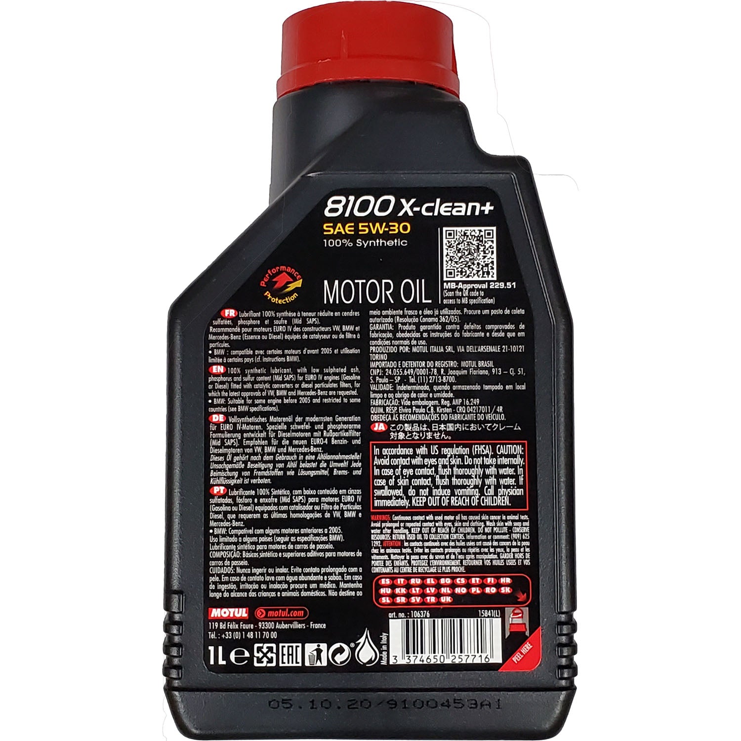 Motul 8100 X-Clean+ Synthetic Engine Motor Oil 5W30 - 1 Liter