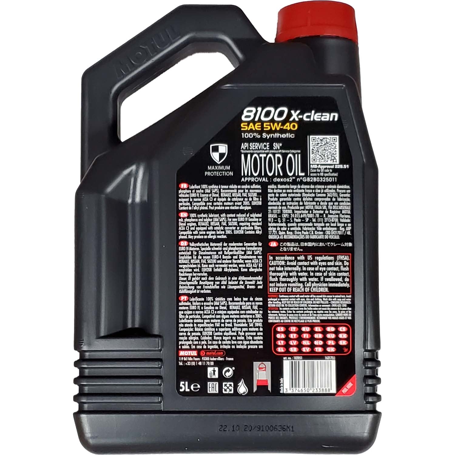 Motul 8100 X-Clean Synthetic Motor Oil 5W40 - 5 Liter