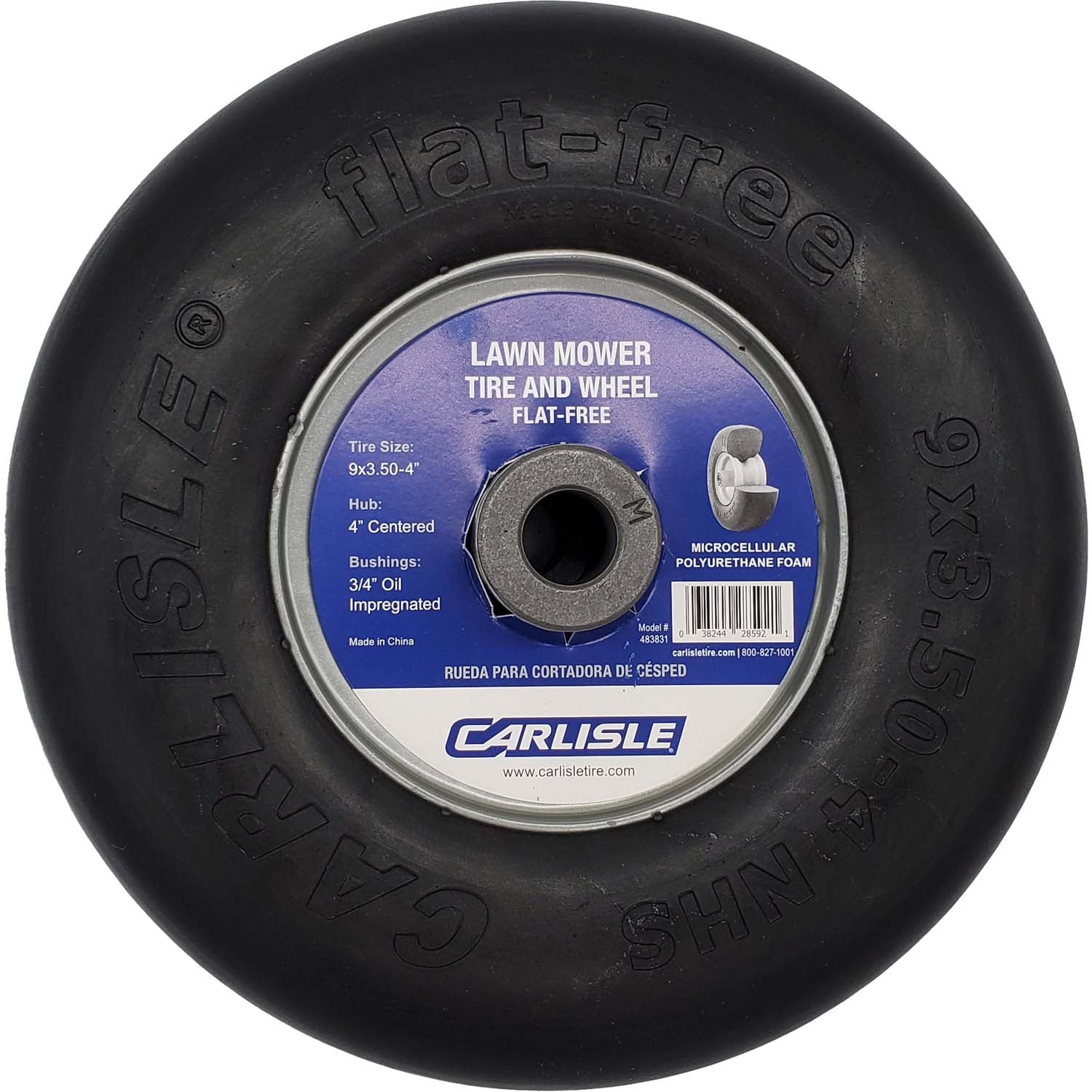 Carlisle 483831 Flat Free Smooth SP Lawn Mower Tire on Rim 9x3.50-4