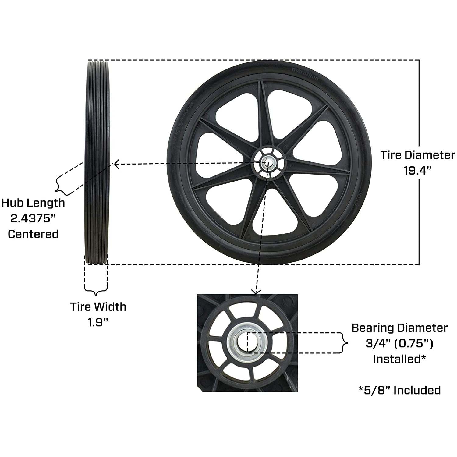 Marathon 92001 Flat Free Ribbed Garden Cart Tire on Rim 20x2 - Pack of 9